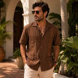 Guayabera Mens Brown Short Sleeve Embroidered Pintuck‎ 4 Pocket Camp Shirt